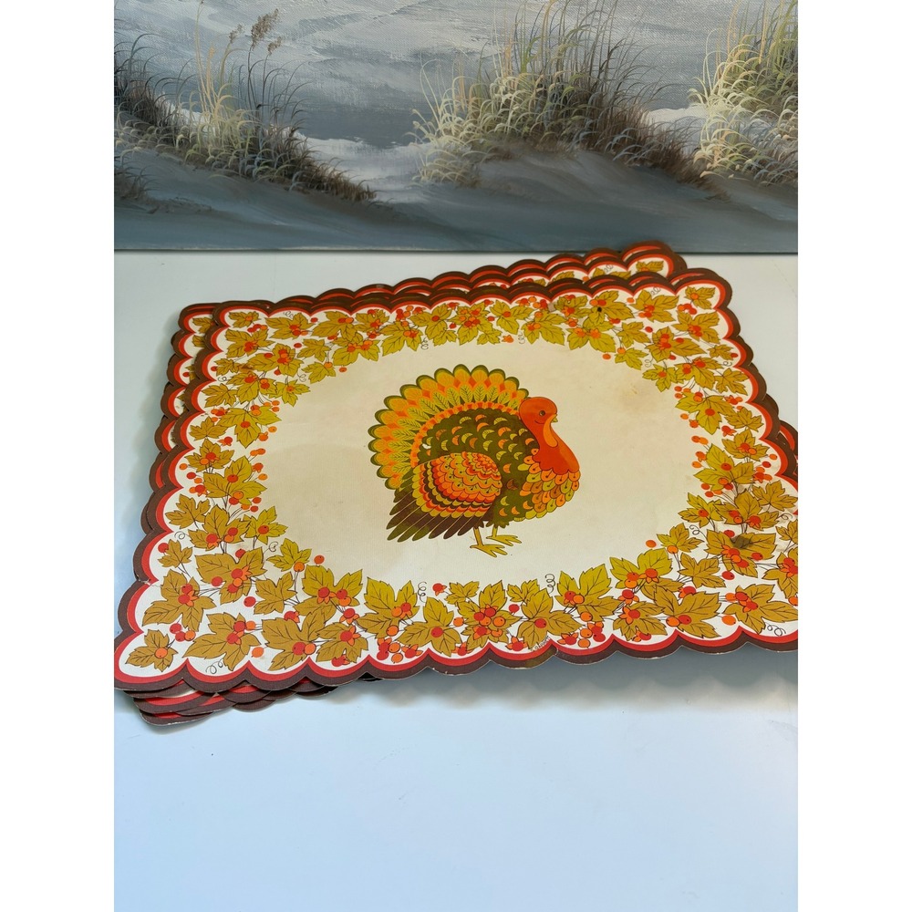 Vintage Thanksgiving Turkey Paper Placemats Set of 7 Scalloped Edge Harvest